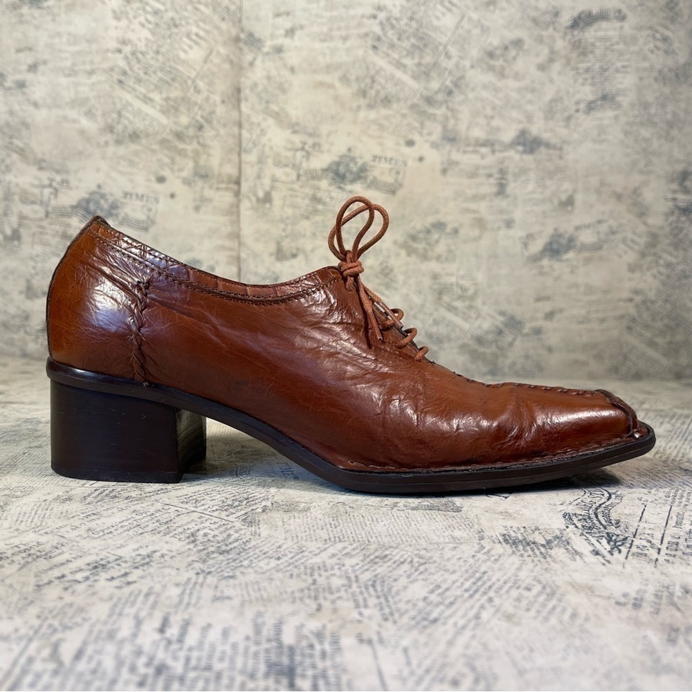 Progetto Made in Italy Brown Leather Lace-Up Shoes Croc Embossed Oxford Comfort